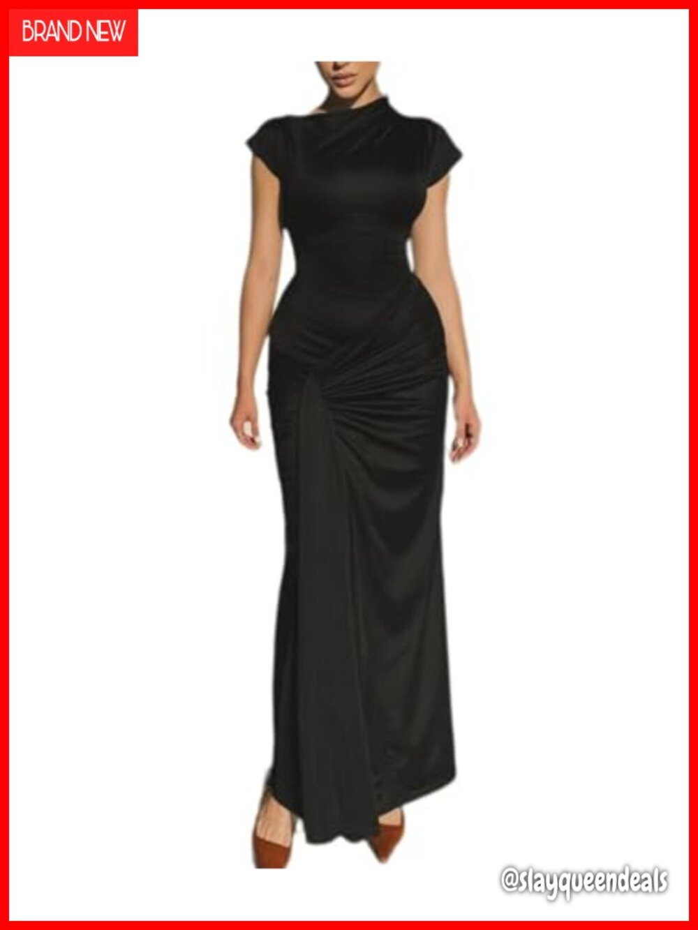 Mock Neck Lace Up Bandage Ruched Bodycon Maxi Dress